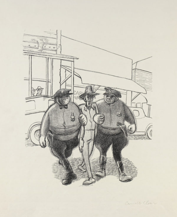 Carrol Cloar, <i>Entre dos policías</i>, s/f, litografía, 50.2 x 32.8 cm (soporte) / 25 x 20.6 cm (imagen).