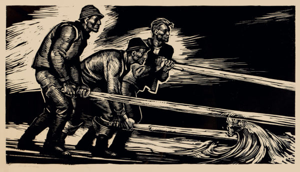 Georgi Yakutovich, <i>Almadieros</i>, s/f, xilografía, 59.6 x 83.7 cm (soporte).