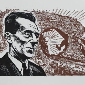 Alberto Beltrán, <i>Homenaje a Joliot-Curie</i>, s/f, linografía, 50 x 65 cm (soporte), 27.5 x 51.2 cm (imagen), ID ALBE18-142