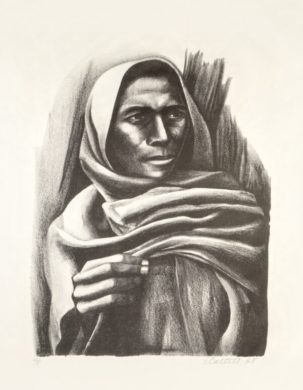 Elizabeth Catlett, <i>Mujer con rebozo</i>, 1958, litografía, 57.7 x 45 cm (soporte), 34.5 x 24.3 cm (imagen), ID ELCA34-13