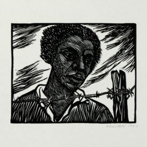 Elizabeth Catlett, <i>Un alambrado entre mi y los demás</i>, 1947, linografía, 24 x 31.8 cm (soporte), 11.7 x 14.5 cm (imagen), ID ELCA34-17