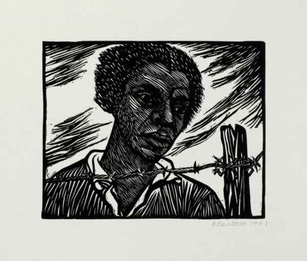 Elizabeth Catlett, <i>Un alambrado entre mi y los demás</i>, 1947, linografía, 24 x 31.8 cm (soporte), 11.7 x 14.5 cm (imagen), ID ELCA34-17