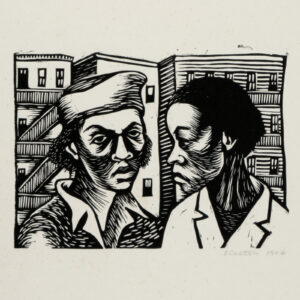 Elizabeth Catlett, <i>Mujeres platicando</i>, 1946, linografía, 25.1 x 32.6 cm (soporte), 10.7 x 15 cm (imagen), ID ELCA34-19