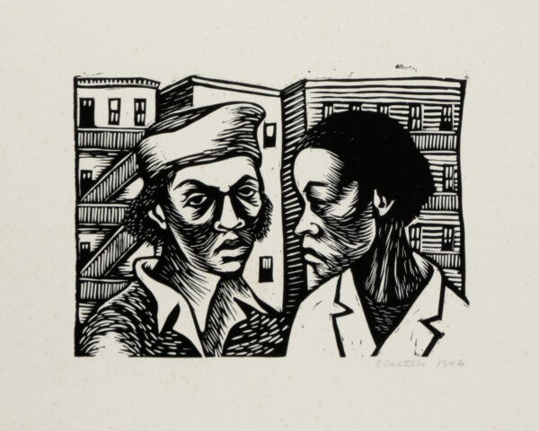 Elizabeth Catlett, <i>Mujeres platicando</i>, 1946, linografía, 25.1 x 32.6 cm (soporte), 10.7 x 15 cm (imagen), ID ELCA34-19
