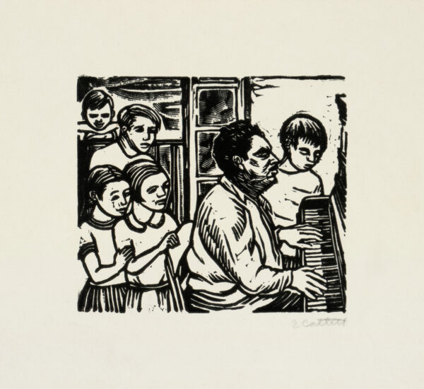 Elizabeth Catlett, <i>Tocando el piano</i>, s/f, linografía, 18.2 x 14.4 cm (soporte), 9.7 x 8.5 cm (imagen), ID ELCA34-21