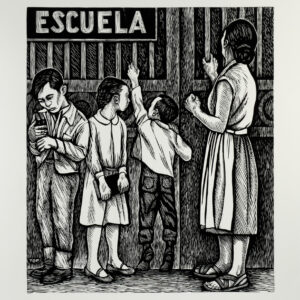 Elizabeth Catlett, <i>Nos quedamos sin escuela</i>, s/f, linografía, 65.3 x 50 cm (soporte), 33.2 x 28.5 cm (imagen), ID ELCA34-42