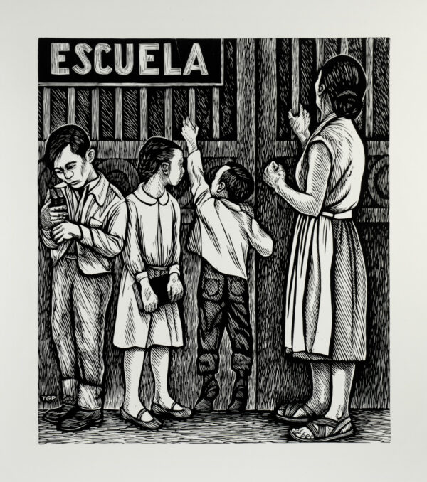 Elizabeth Catlett, <i>Nos quedamos sin escuela</i>, s/f, linografía, 65.3 x 50 cm (soporte), 33.2 x 28.5 cm (imagen), ID ELCA34-42