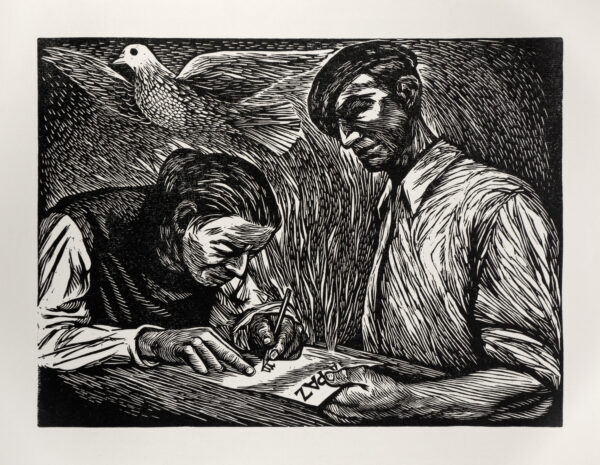 Elizabeth Catlett, <i>Firmas para la paz</i>, s/f, linografía, 48.5 x 64 cm (soporte), 31.2 x 42 cm (imagen), ID ELCA34-44