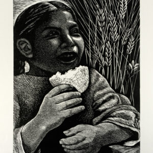 Elizabeth Catlett, <i>Niña con pan</i>, 1954, linografía, 65.6 x 50.3 cm (soporte), 40.5 x 30 cm (imagen), ID ELCA34-47