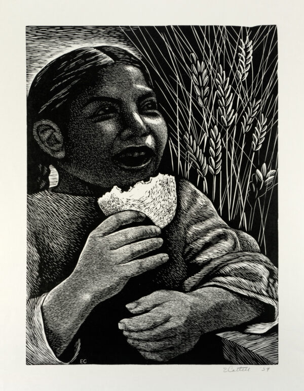 Elizabeth Catlett, <i>Niña con pan</i>, 1954, linografía, 65.6 x 50.3 cm (soporte), 40.5 x 30 cm (imagen), ID ELCA34-47