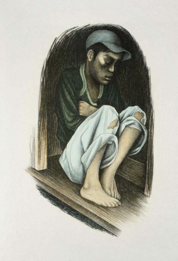 Elizabeth Catlett, <i>Niño papelero</i>, s/f, lito-color, 48 x 32.3 cm (soporte), 28.5 x 17.5 cm (imagen), ID ELCA34-5
