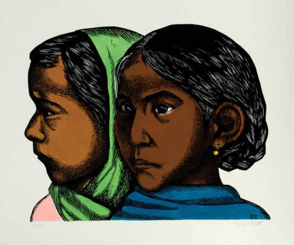 Elizabeth Catlett, <i>Cabezas de niñas</i>, s/f, lino-color, 32.7 x 50 cm (soporte), 23.5 x 30 cm (imagen), ID ELCA34-50