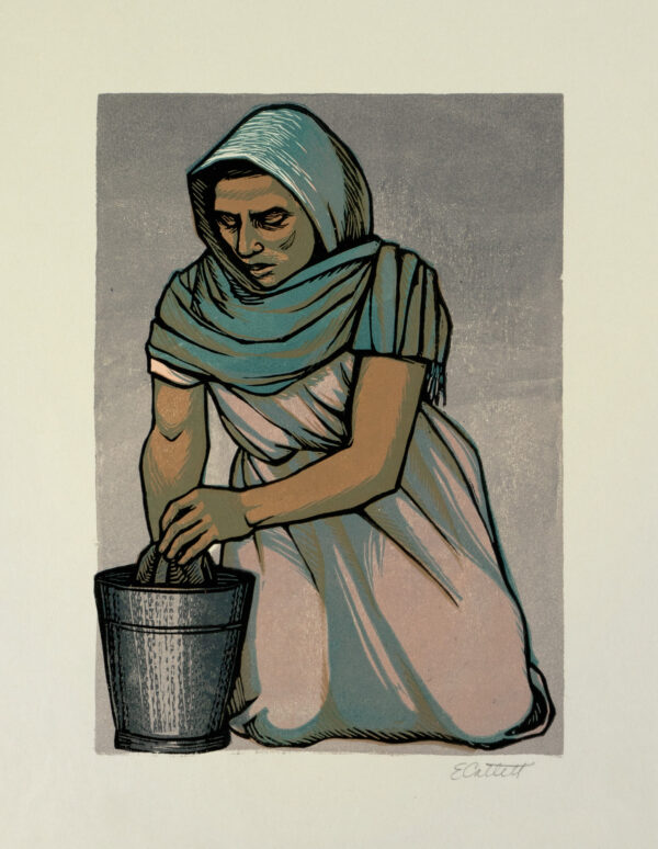Elizabeth Catlett, <i>Mujer lavando el piso</i>, s/f, lino-color, 31.8 x 23.7 cm (soporte), 19.3 x 13.6 cm (imagen), ID ELCA34-54