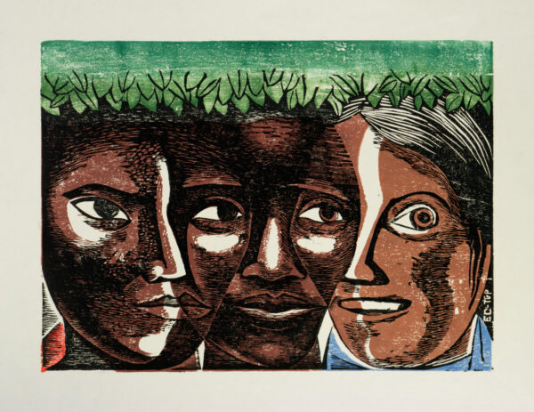 Elizabeth Catlett, <i>Tres cabezas</i>, s/f, lino-color, 35.2 x 47.5 cm (soporte), 24 x 32.5 cm (imagen), ID ELCA34-55