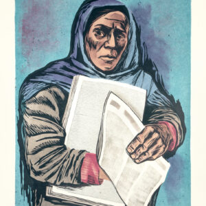 Elizabeth Catlett, <i>Vendedora de periódicos</i>, 1958, lino-color, 66.5 x 50.8 cm (soporte), 48 x 36.4 cm (imagen), ID ELCA34-57