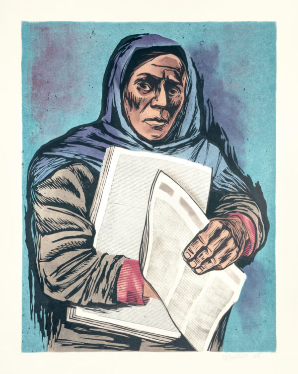 Elizabeth Catlett, <i>Vendedora de periódicos</i>, 1958, lino-color, 66.5 x 50.8 cm (soporte), 48 x 36.4 cm (imagen), ID ELCA34-57
