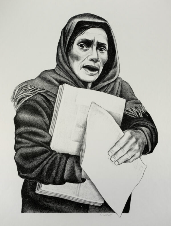 Elizabeth Catlett, <i>Vendedora de periódicos</i>, s/f, litografía, 58.3 x 45 cm (soporte), 46.6 x 34 cm (imagen), ID ELCA34-8