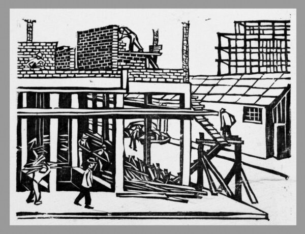 Alfredo Zalce<i>, Construyendo un edificio</i>, s/f, linografía, 14 x 15.3 cm (soporte), 8.5 x 11.2 cm (imagen), ID ALZA227-47