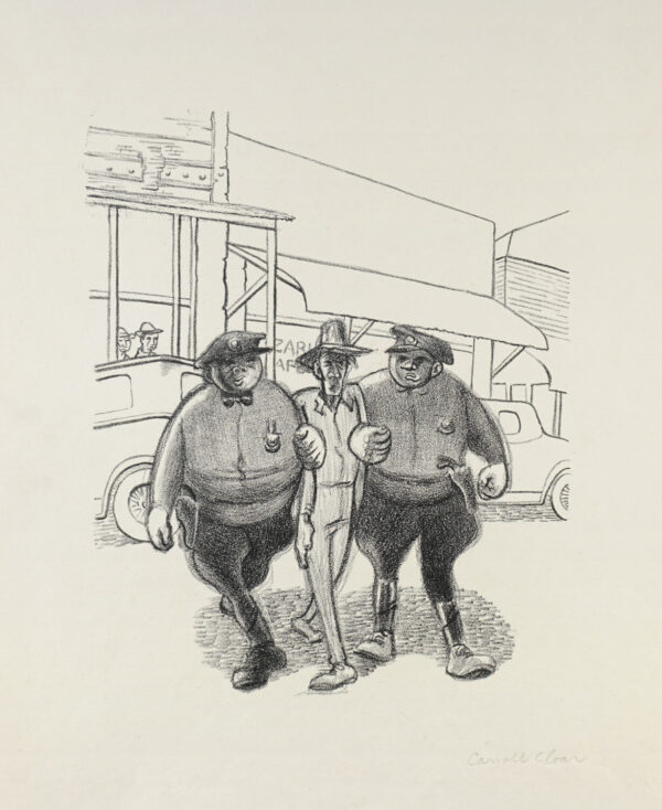 Carroll Cloar<i>, Entre dos policías</i>, s/f, litografía, 50.2 x 32.8 cm (soporte), 25 x 20.6 cm (imagen), ID CACL36-3