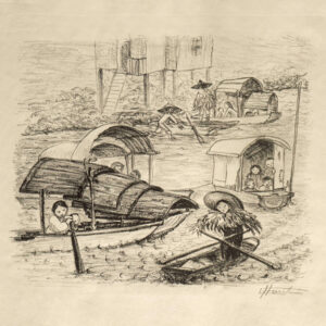 Elena Huerta<i>, Pescadores de cantón</i>, 1957, litografía, 29.3 x 45 cm (soporte), 22.5 x 19 cm (imagen), ID ELHU99-10
