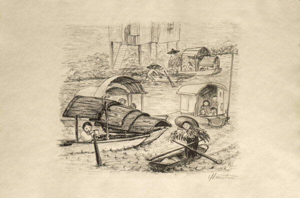 Elena Huerta<i>, Pescadores de cantón</i>, 1957, litografía, 29.3 x 45 cm (soporte), 22.5 x 19 cm (imagen), ID ELHU99-10
