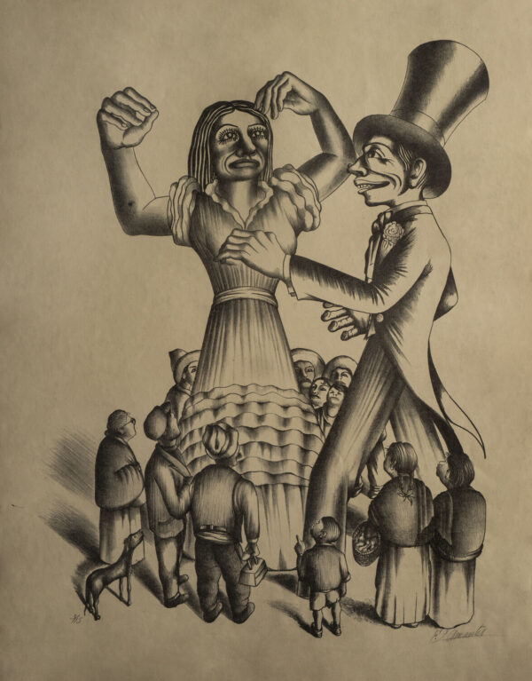 Francisco Dosamantes<i>, En la plaza</i>, <i>ca.</i> 1938, litografía, 65 x 49.8 cm (soporte), 57 x 41.5 cm (imagen), ID FRDO58-25