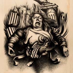 Francisco Dosamantes<i>, Destrucción de la cultura</i>, 1939, litografía, 65 x 50.1 cm (soporte), 46.5 x 39 cm (imagen), ID FRDO58-37