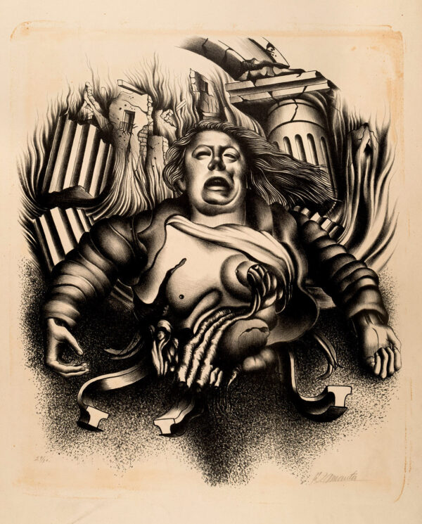 Francisco Dosamantes<i>, Destrucción de la cultura</i>, 1939, litografía, 65 x 50.1 cm (soporte), 46.5 x 39 cm (imagen), ID FRDO58-37