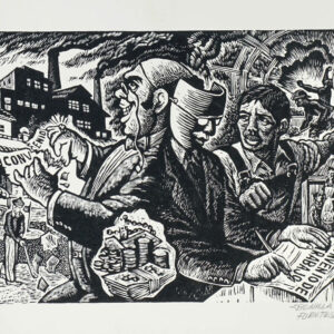 Guillermo  Bonilla Fuentes<i>, La empresa se aprovecha</i>, s/f, linografía, 25.3 x 32.8 cm (soporte), 16 x 21.6 cm (imagen), ID GUBO22-1