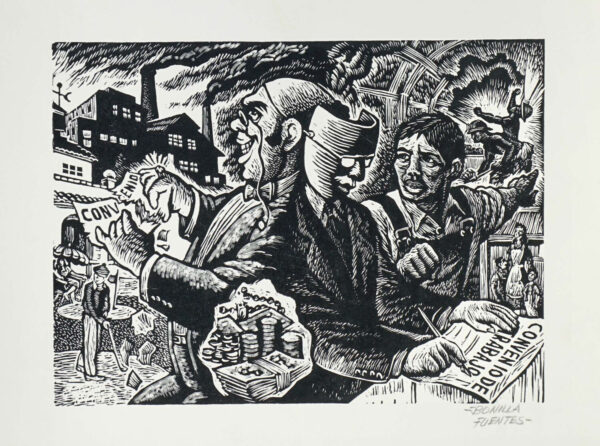 Guillermo  Bonilla Fuentes<i>, La empresa se aprovecha</i>, s/f, linografía, 25.3 x 32.8 cm (soporte), 16 x 21.6 cm (imagen), ID GUBO22-1