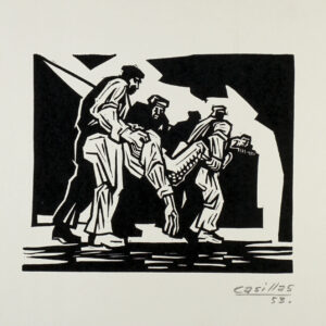 Gustavo Casillas<i>, Cargando a un herido</i>, 1953, linografía, 25 x 32.6 cm (soporte), 13 x 15.7 cm (imagen), ID GUCA32-1