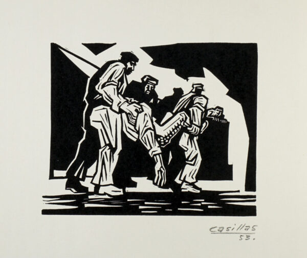 Gustavo Casillas<i>, Cargando a un herido</i>, 1953, linografía, 25 x 32.6 cm (soporte), 13 x 15.7 cm (imagen), ID GUCA32-1