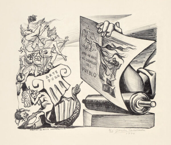 Jesús Escobedo<i>, Por un arte al servicio del pueblo</i>, 1944, litografía, 29.3 x 48.2 cm (soporte), 22 x 28.7 cm (imagen), ID JEES61-35