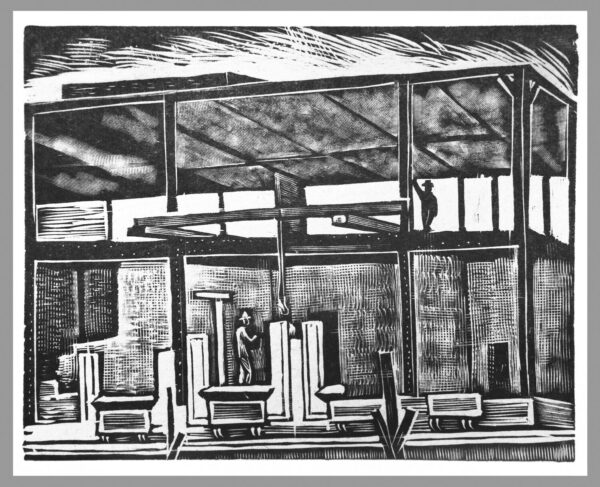 José Chávez Morado<i>, Construcción</i>, 1940, linografía, 15.3 x 23.4 cm (soporte), 9.1 x 11.4 cm (imagen), ID JOCH48-4