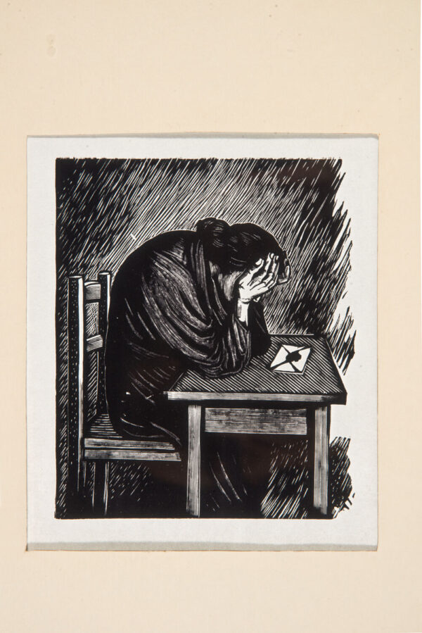 Leopoldo Méndez<i>, La carta</i>, s/f, linografía, 35.4 x 24.2 cm (soporte), 13 x 11 cm (imagen), ID LEMÉ133-100