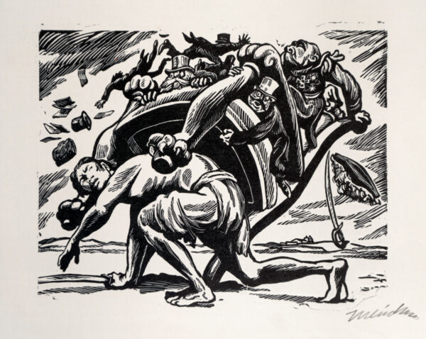 Leopoldo Méndez<i>, Don Porfirio arrojado de la silla presidencial</i>, s/f, linografía, 25.8 x 32.7 cm (soporte), 14 x 17.8 cm (imagen), ID LEMÉ133-103