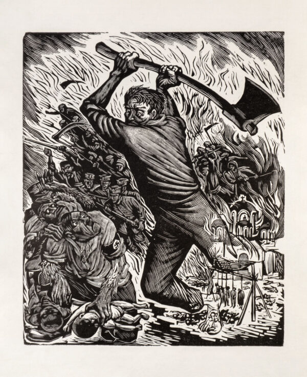 Leopoldo Méndez<i>, Los pueblos libres se levantan contra el fascismo</i>, <i>ca.</i> 1945, linografía, 32 x 24.1 cm (soporte), 24.9 x 20.3 cm (imagen), ID LEMÉ133-87